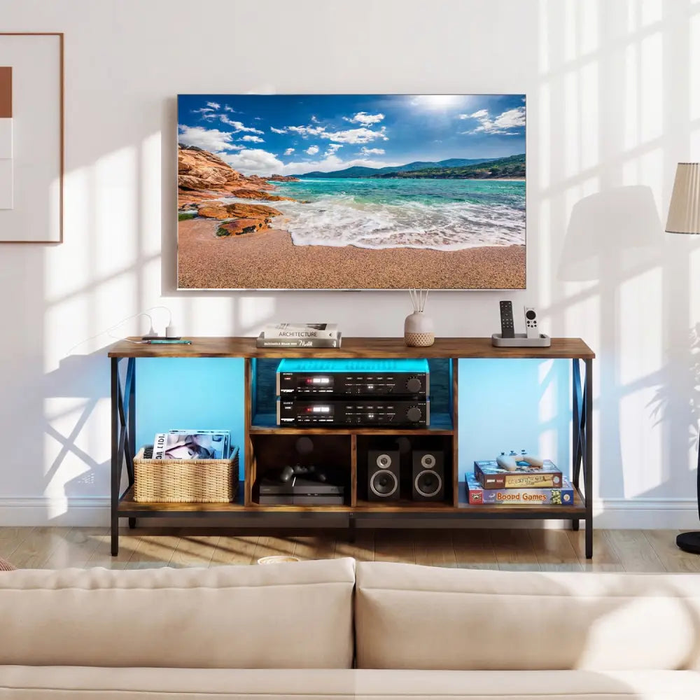 TV Stand with LED Lights for 65 Inch TV Entertainment Center with Power Outlets-Brown - Brown - Entertainment Centers &