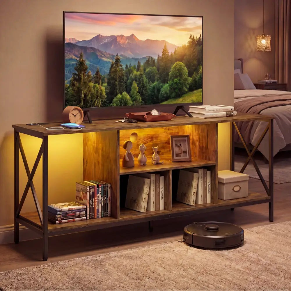 TV Stand with LED Lights for 65 Inch TV Entertainment Center with Power Outlets-Brown - Brown - Entertainment Centers &
