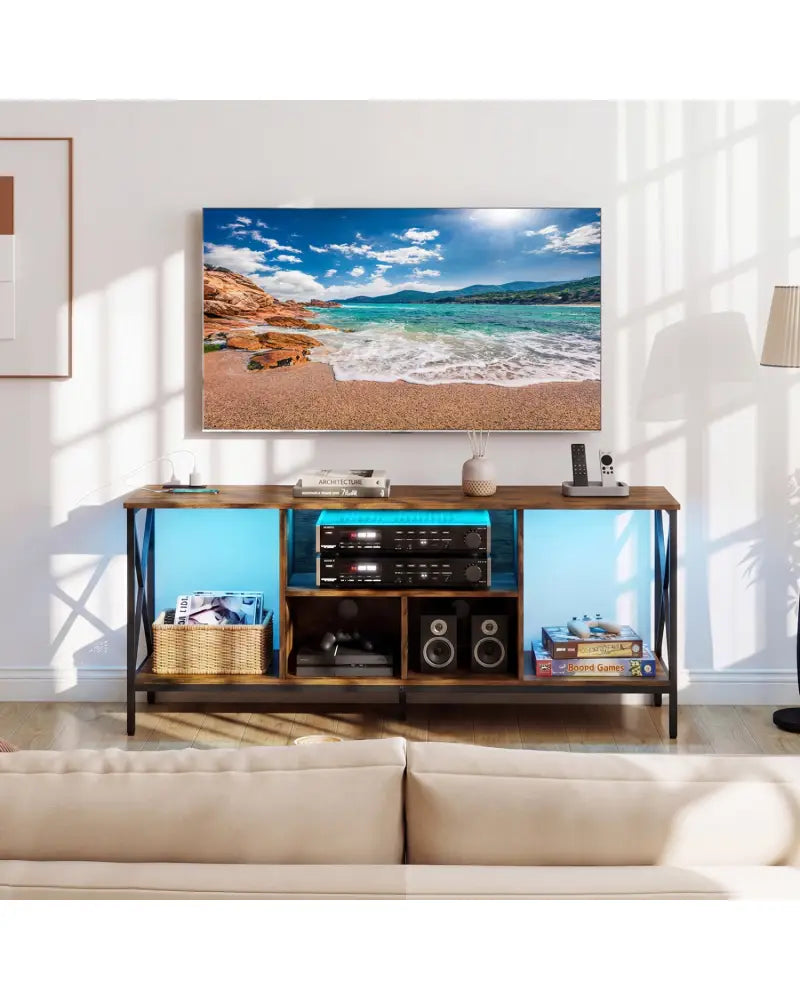 TV Stand with LED Lights for 65 Inch TV Entertainment Center with Power Outlets-Brown - Brown - Entertainment Centers &