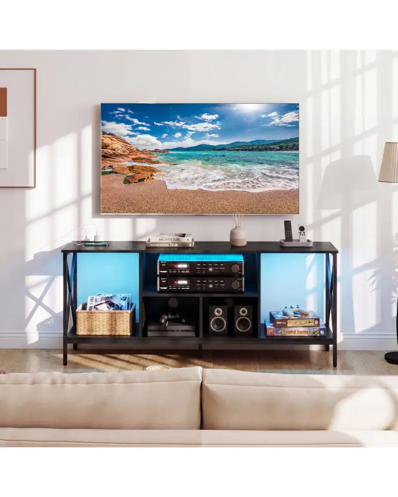 TV Stand with LED Lights for 65 Inch TV Entertainment Center with Power Outlets-Black - Black - Entertainment Centers &