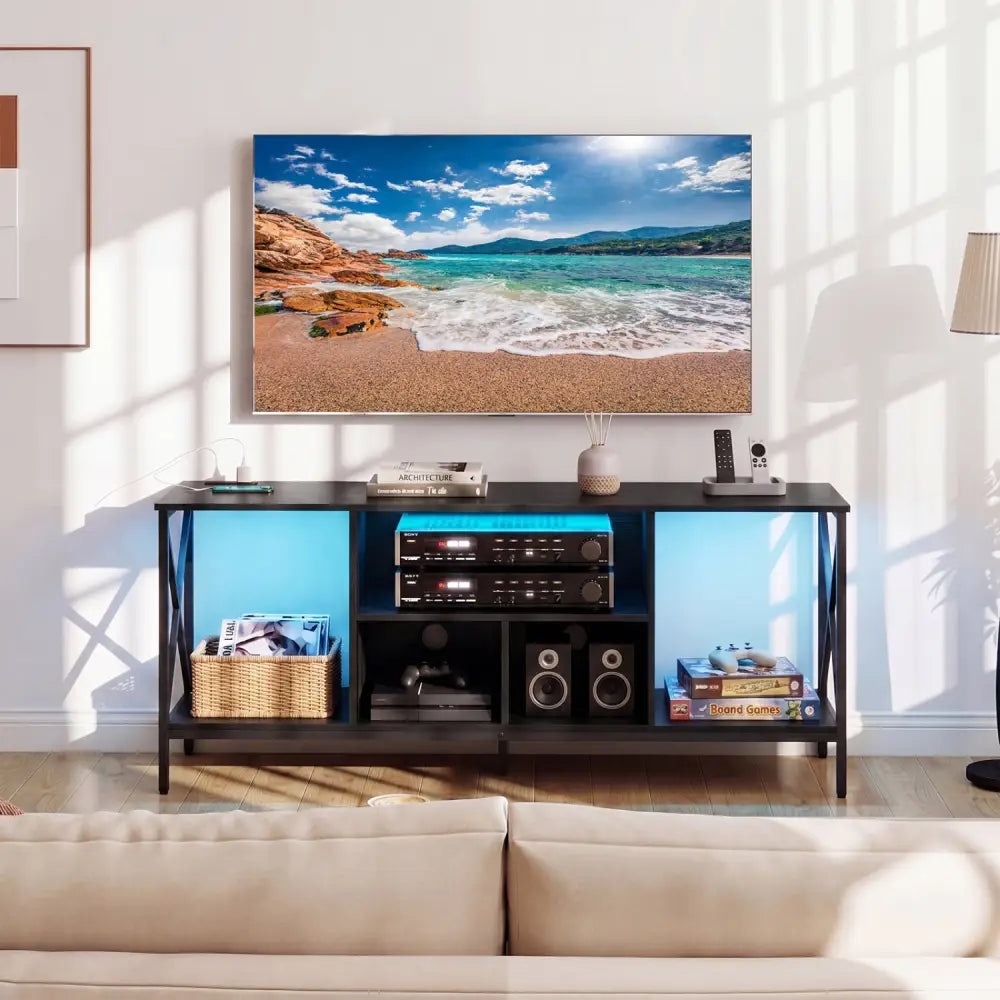 TV Stand with LED Lights for 65 Inch TV Entertainment Center with Power Outlets-Black - Black - Entertainment Centers &