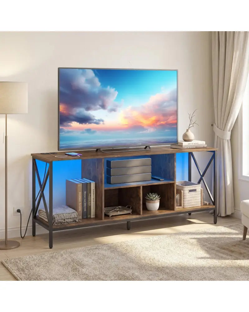 TV Stand with LED Lights for 65 Inch TV Entertainment Center with Power Outlets-Brown - Brown - Entertainment Centers &