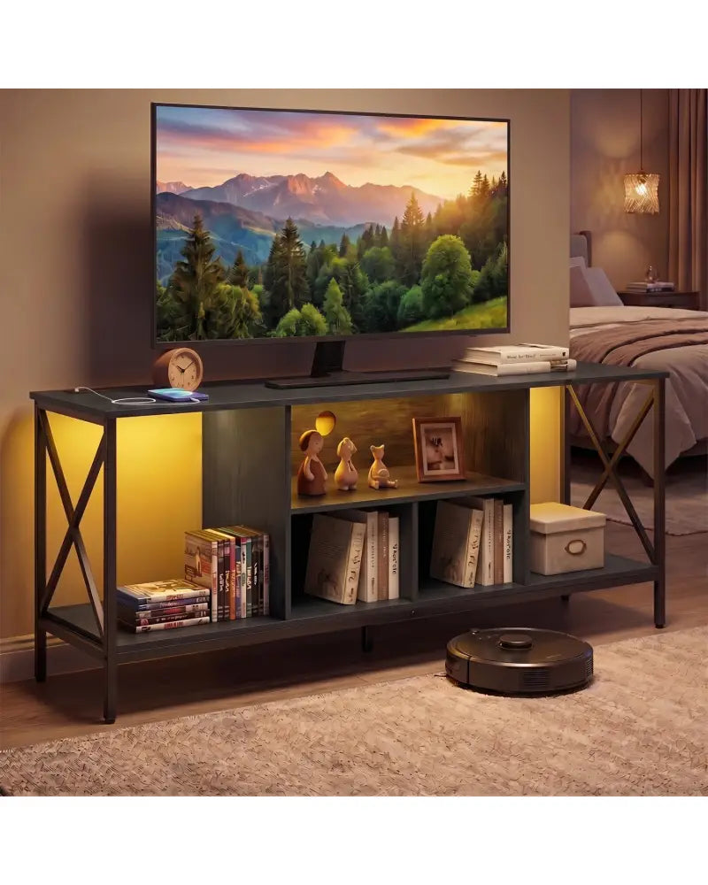 TV Stand with LED Lights for 65 Inch TV Entertainment Center with Power Outlets-Black - Black - Entertainment Centers &