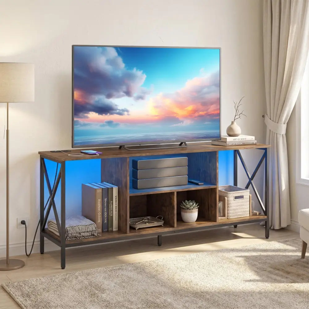 TV Stand with LED Lights for 65 Inch TV Entertainment Center with Power Outlets-Brown - Brown - Entertainment Centers &