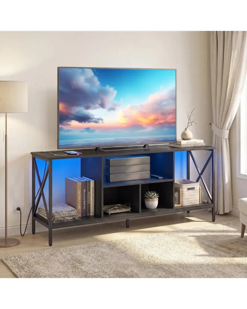 TV Stand with LED Lights for 65 Inch TV Entertainment Center with Power Outlets-Black - Black - Entertainment Centers &