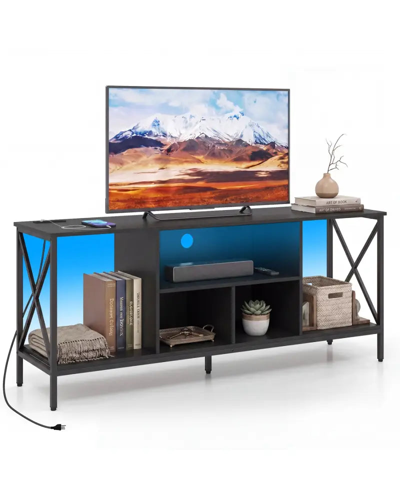 TV Stand with LED Lights for 65 Inch TV Entertainment Center with Power Outlets-Black - Black - Entertainment Centers &