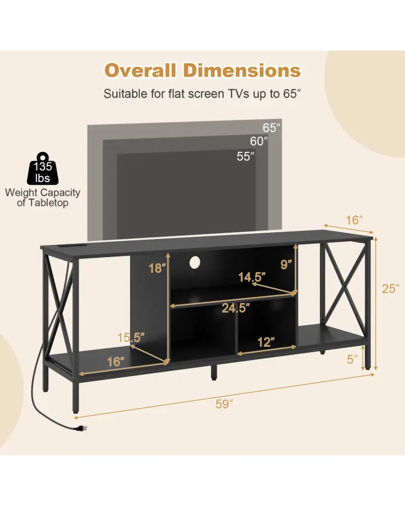 TV Stand with LED Lights for 65 Inch TV Entertainment Center with Power Outlets-Black - Black - Entertainment Centers &