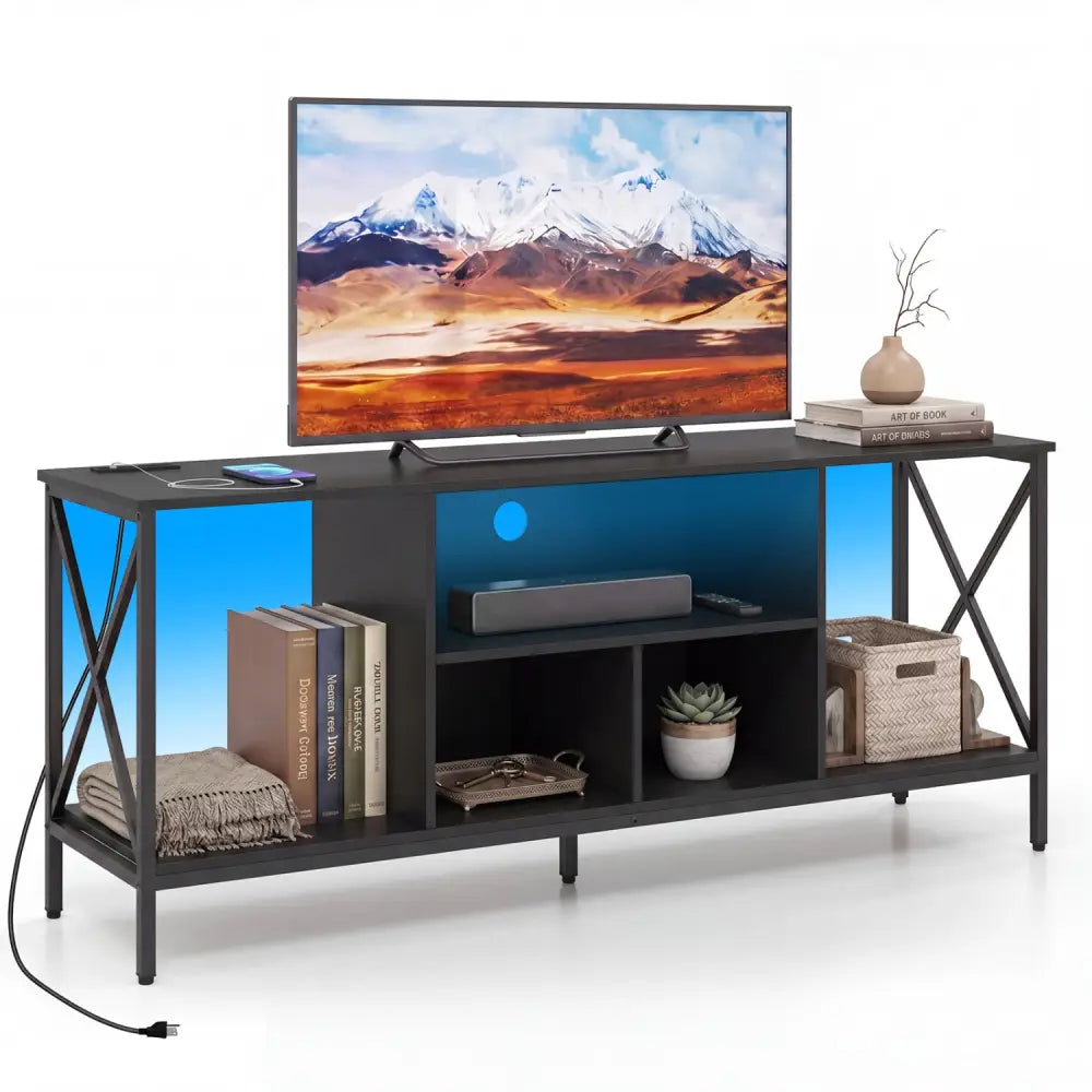 TV Stand with LED Lights for 65 Inch TV Entertainment Center with Power Outlets-Black - Black - Entertainment Centers &