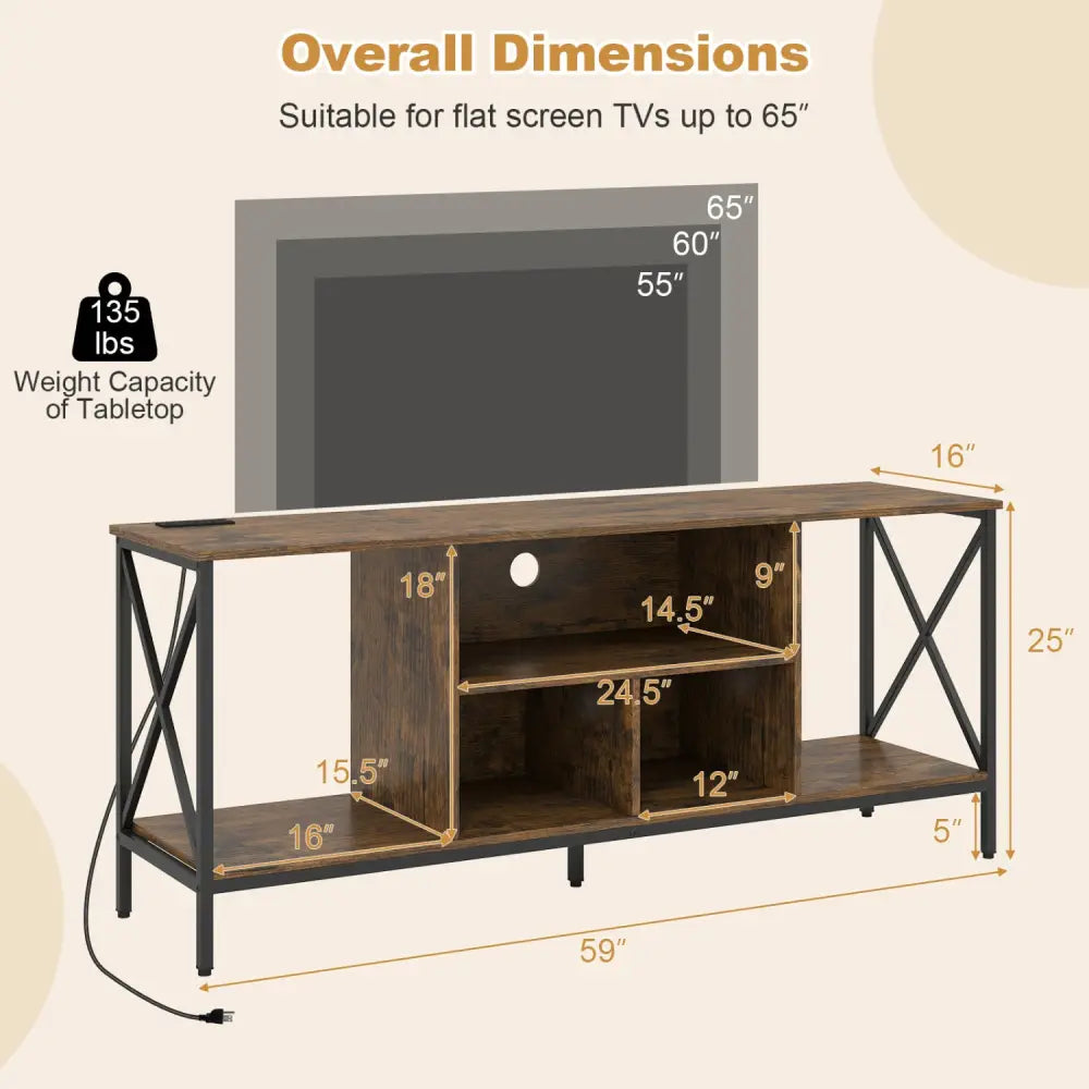 TV Stand with LED Lights for 65 Inch TV Entertainment Center with Power Outlets-Brown - Brown - Entertainment Centers &