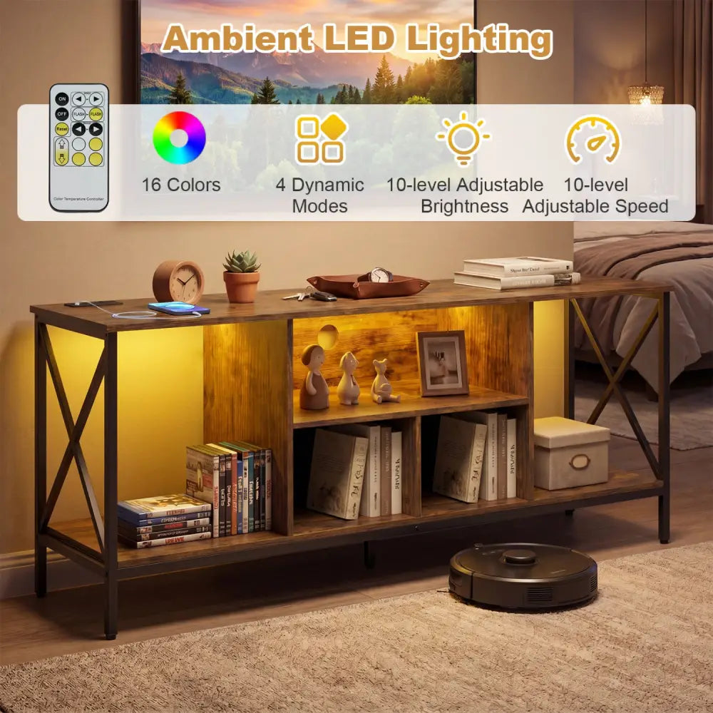 TV Stand with LED Lights for 65 Inch TV Entertainment Center with Power Outlets-Brown - Brown - Entertainment Centers &