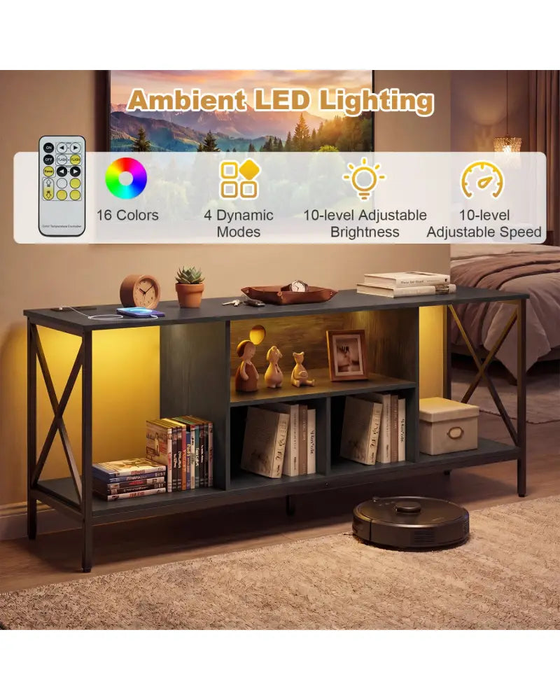 TV Stand with LED Lights for 65 Inch TV Entertainment Center with Power Outlets-Black - Black - Entertainment Centers &