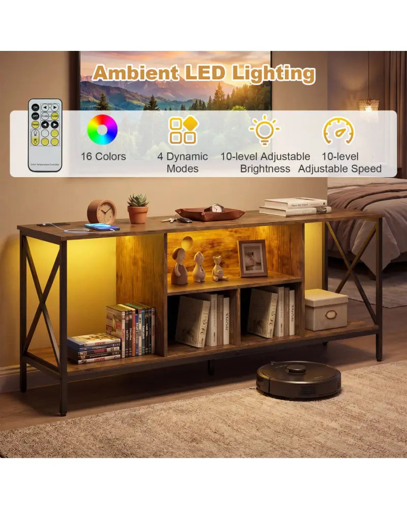 TV Stand with LED Lights for 65 Inch TV Entertainment Center with Power Outlets-Brown - Brown - Entertainment Centers &
