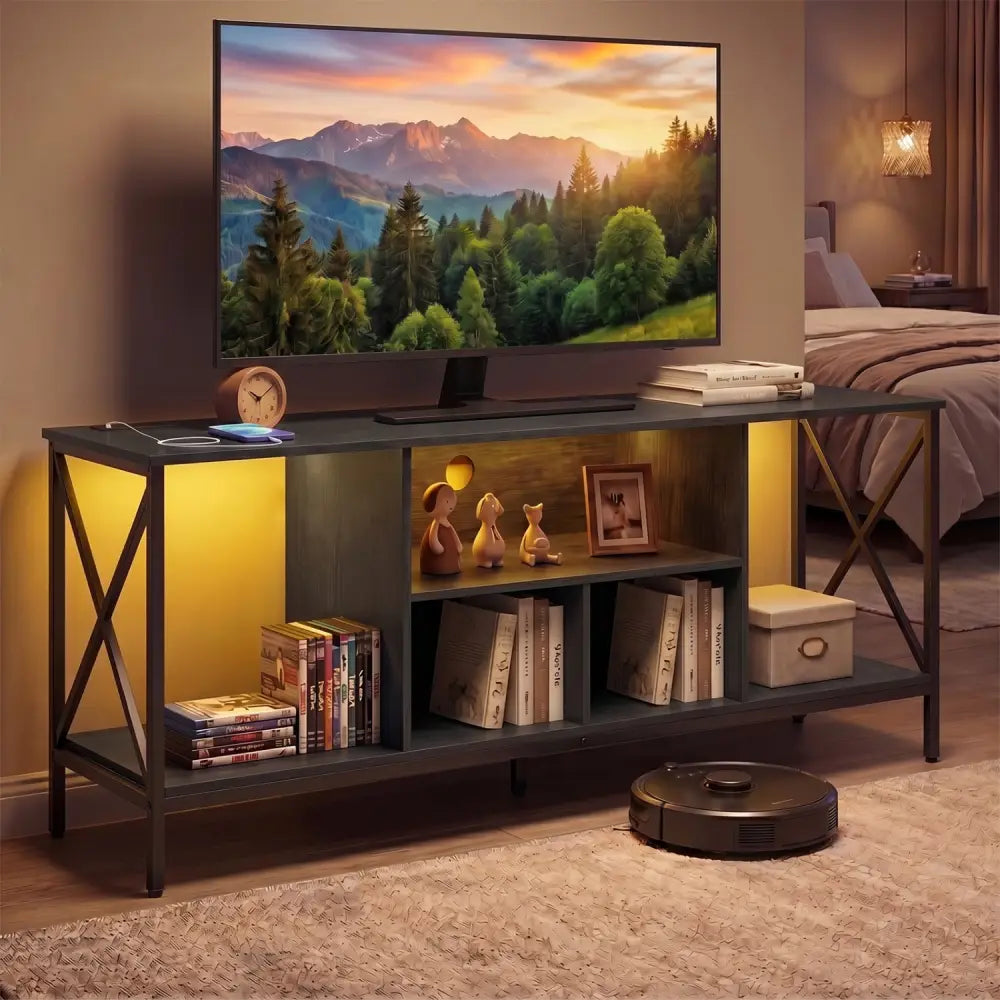 TV Stand with LED Lights for 65 Inch TV Entertainment Center with Power Outlets-Black - Black - Entertainment Centers &