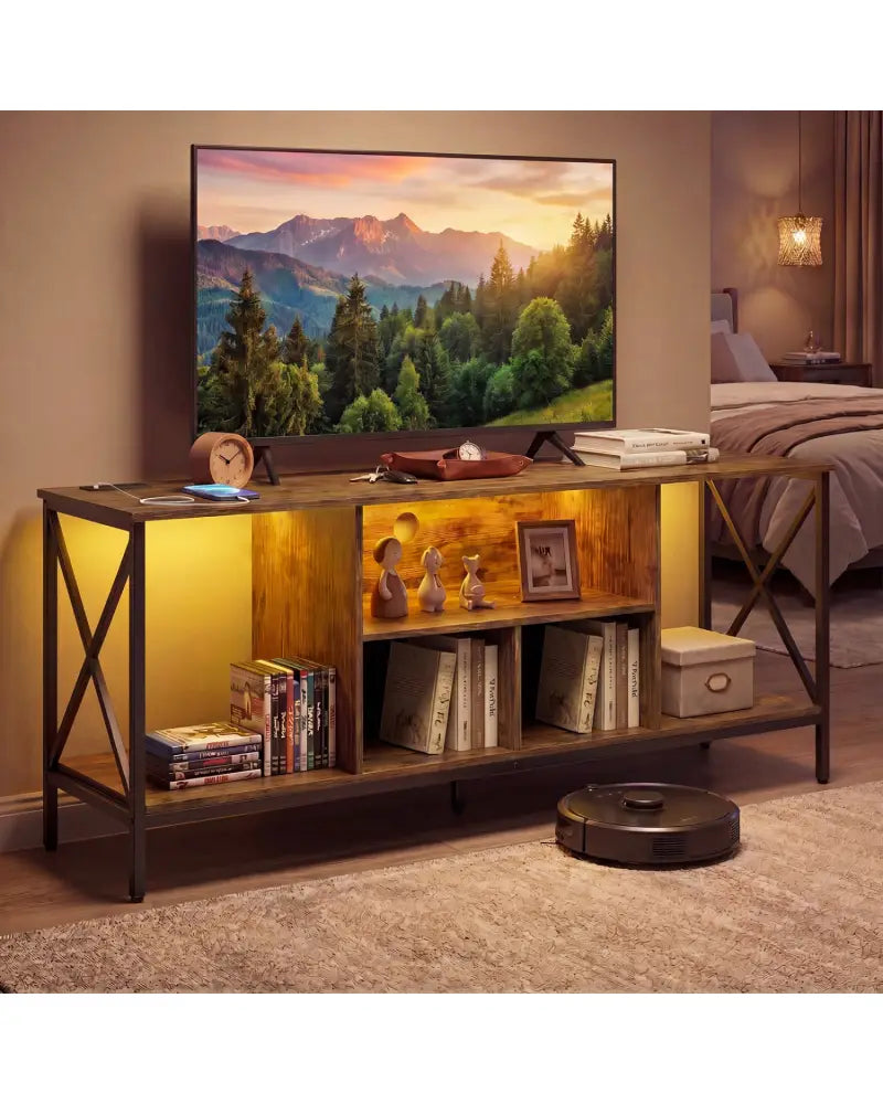 TV Stand with LED Lights for 65 Inch TV Entertainment Center with Power Outlets-Brown - Brown - Entertainment Centers &