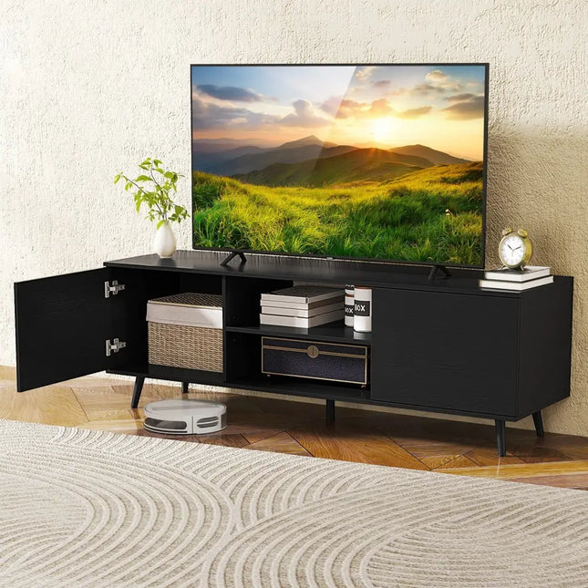 TV Stand with Power Outlets and Adjustable Shelf for 60 Inch TVs-Black - Black - Entertainment Centers & TV Stands