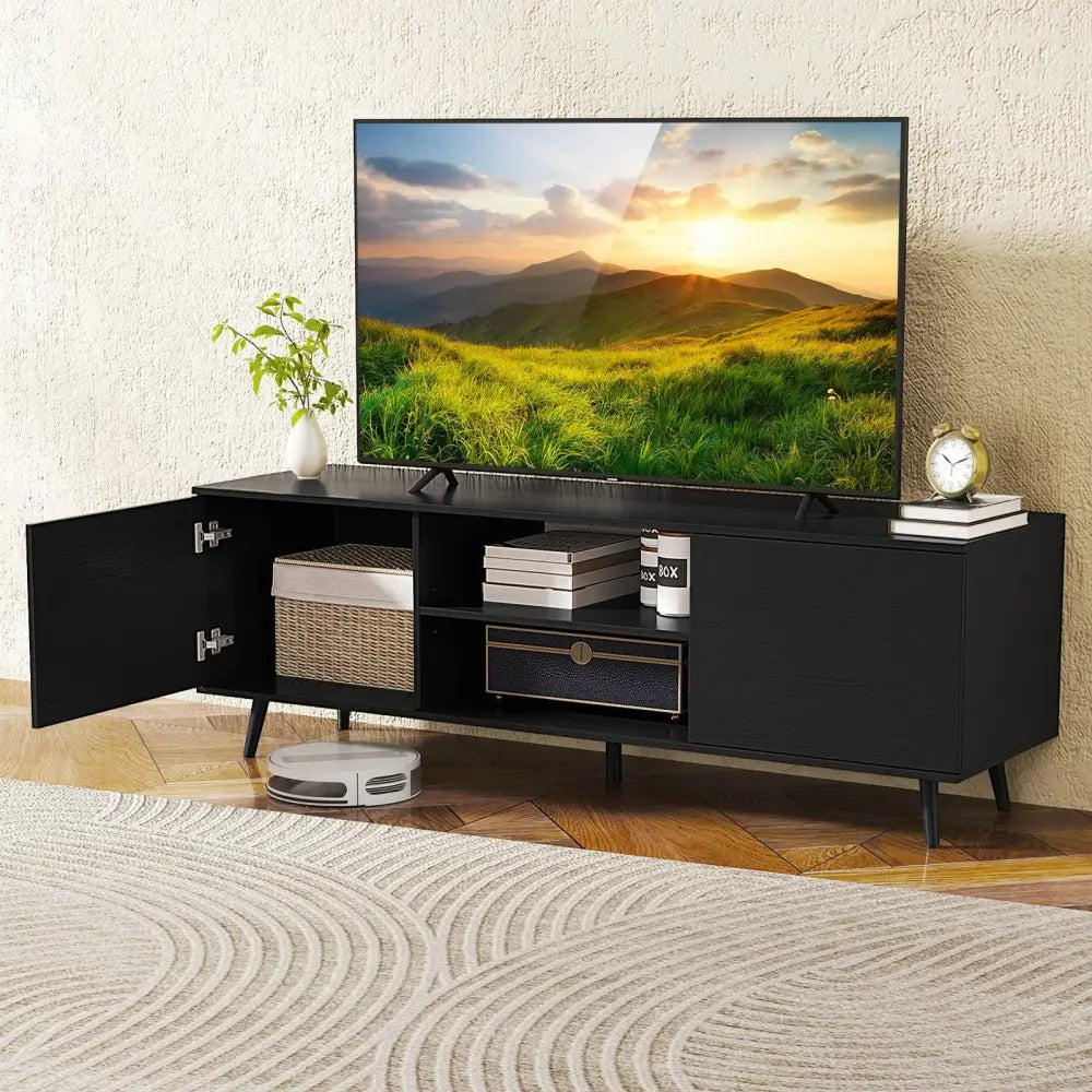 TV Stand with Power Outlets and Adjustable Shelf for 60 Inch TVs-Black - Black - Entertainment Centers & TV Stands