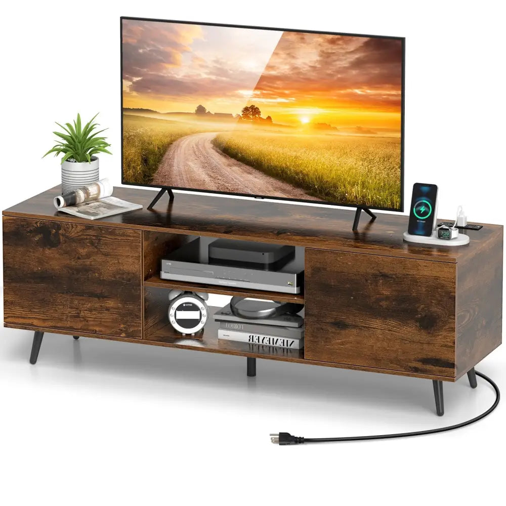 TV Stand with Power Outlets and Adjustable Shelf for 60 Inch TVs-Rustic Brown - Rustic Brown - Entertainment Centers &