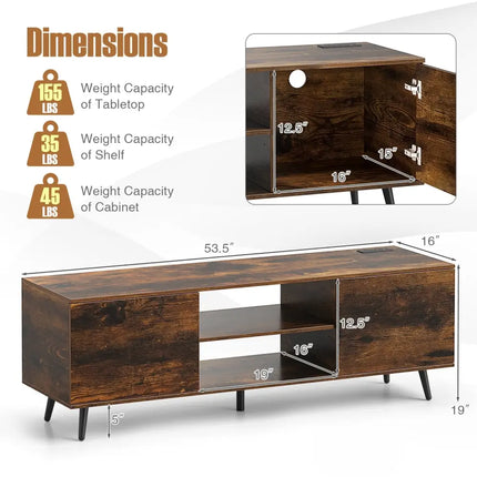 TV Stand with Power Outlets and Adjustable Shelf for 60 Inch TVs-Rustic Brown - Rustic Brown - Entertainment Centers &