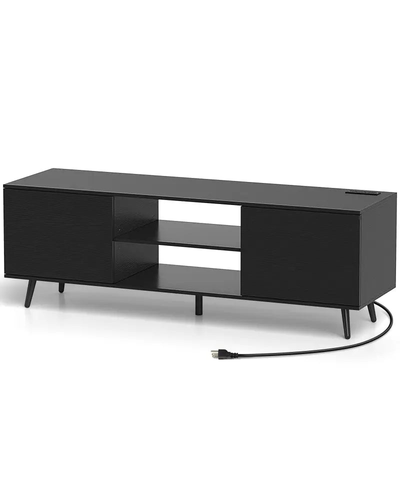 TV Stand with Power Outlets and Adjustable Shelf for 60 Inch TVs-Black - Black - Entertainment Centers & TV Stands