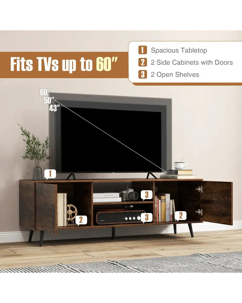 TV Stand with Power Outlets and Adjustable Shelf for 60 Inch TVs-Rustic Brown - Rustic Brown - Entertainment Centers &