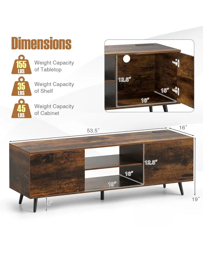 TV Stand with Power Outlets and Adjustable Shelf for 60 Inch TVs-Rustic Brown - Rustic Brown - Entertainment Centers &