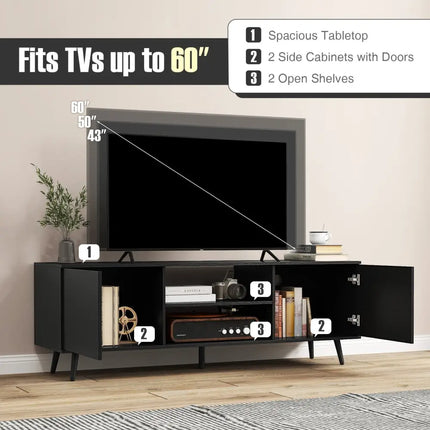 TV Stand with Power Outlets and Adjustable Shelf for 60 Inch TVs-Black - Black - Entertainment Centers & TV Stands