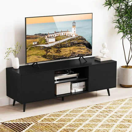 TV Stand with Power Outlets and Adjustable Shelf for 60 Inch TVs-Black - Black - Entertainment Centers & TV Stands