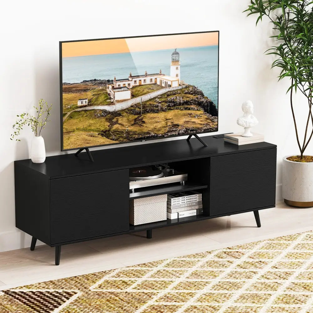 TV Stand with Power Outlets and Adjustable Shelf for 60 Inch TVs-Black - Black - Entertainment Centers & TV Stands