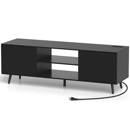 TV Stand with Power Outlets and Adjustable Shelf for 60 Inch TVs-Black - Black - Entertainment Centers & TV Stands