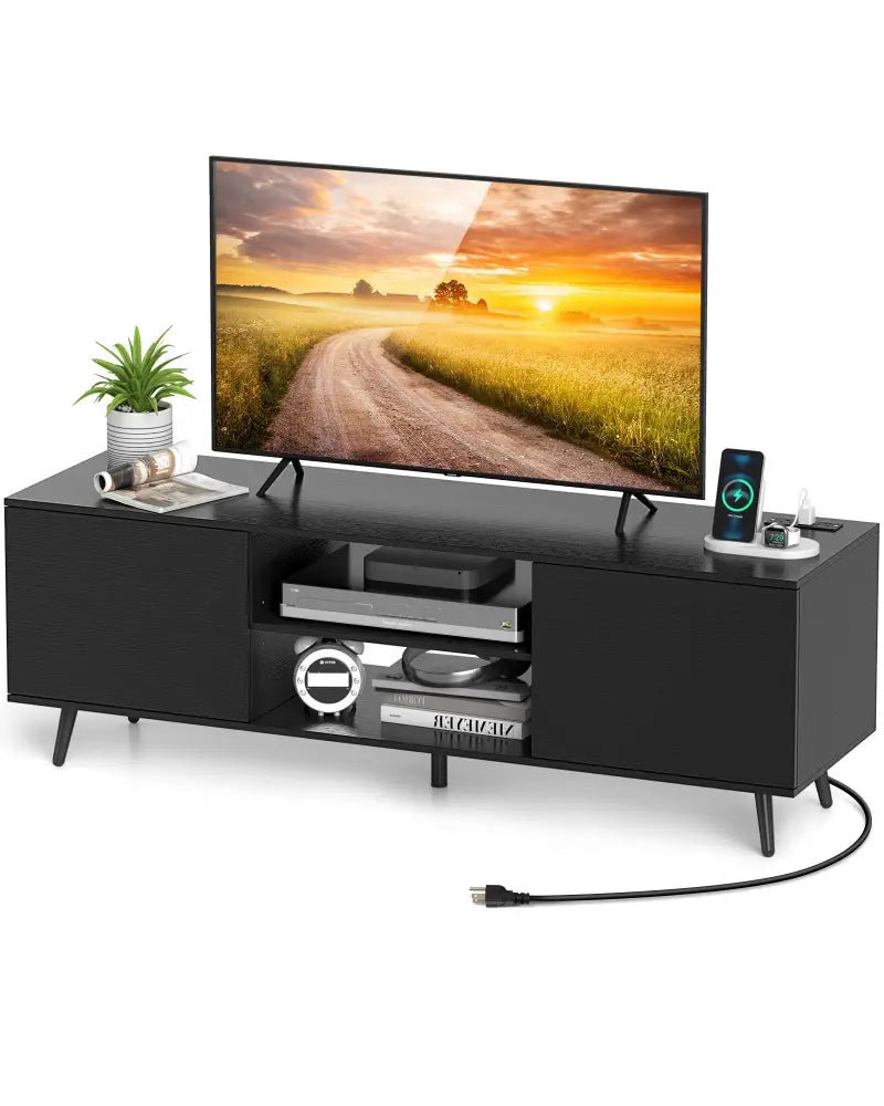 TV Stand with Power Outlets and Adjustable Shelf for 60 Inch TVs-Black - Black - Entertainment Centers & TV Stands