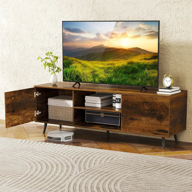 TV Stand with Power Outlets and Adjustable Shelf for 60 Inch TVs-Rustic Brown - Rustic Brown - Entertainment Centers &