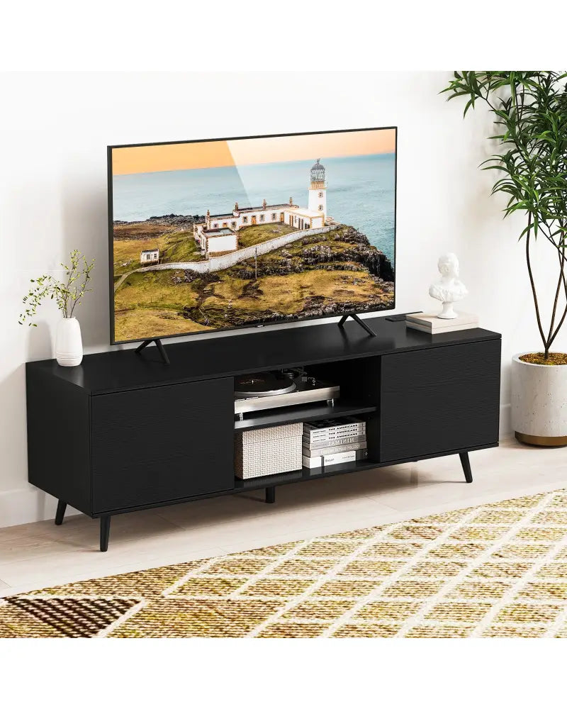 TV Stand with Power Outlets and Adjustable Shelf for 60 Inch TVs-Black - Black - Entertainment Centers & TV Stands