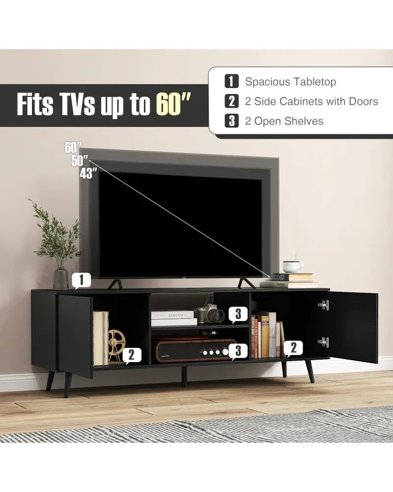 TV Stand with Power Outlets and Adjustable Shelf for 60 Inch TVs-Black - Black - Entertainment Centers & TV Stands