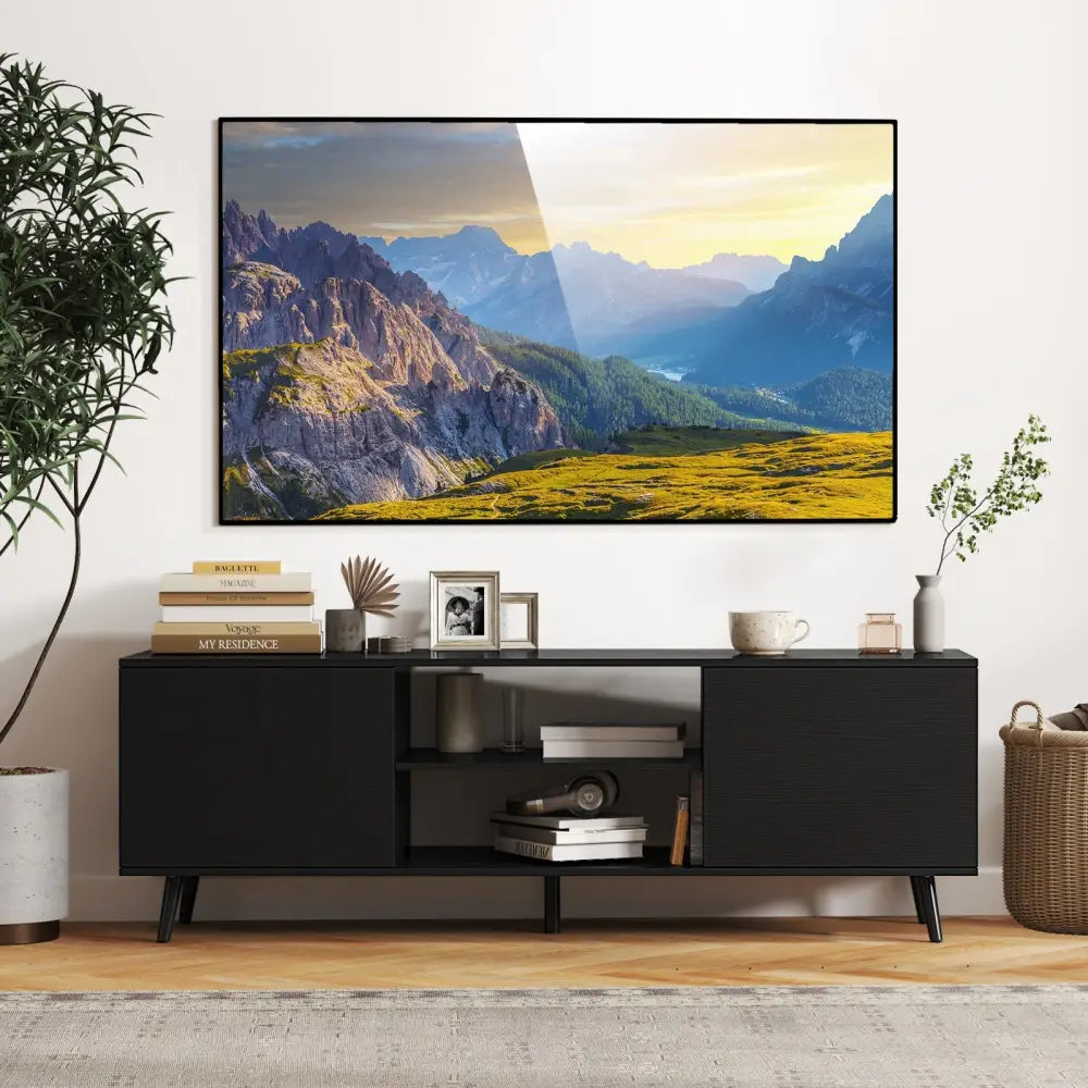 TV Stand with Power Outlets and Adjustable Shelf for 60 Inch TVs-Black - Black - Entertainment Centers & TV Stands