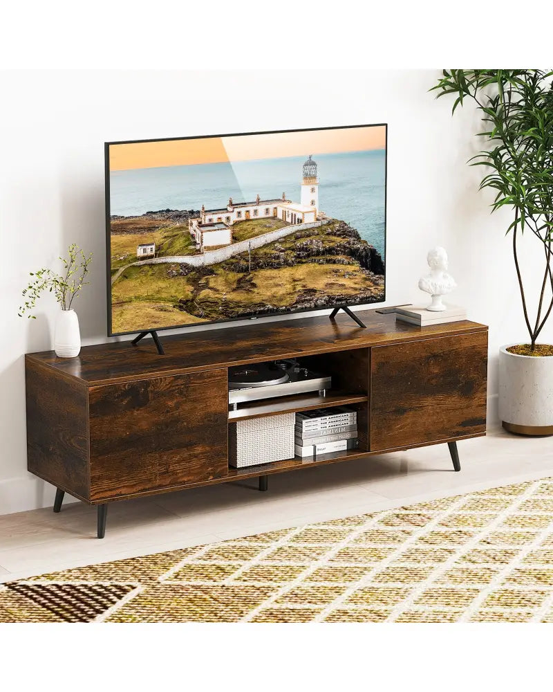 TV Stand with Power Outlets and Adjustable Shelf for 60 Inch TVs-Rustic Brown - Rustic Brown - Entertainment Centers &