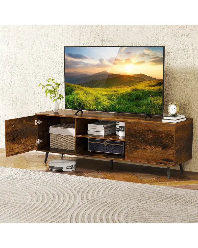 TV Stand with Power Outlets and Adjustable Shelf for 60 Inch TVs-Rustic Brown - Rustic Brown - Entertainment Centers &