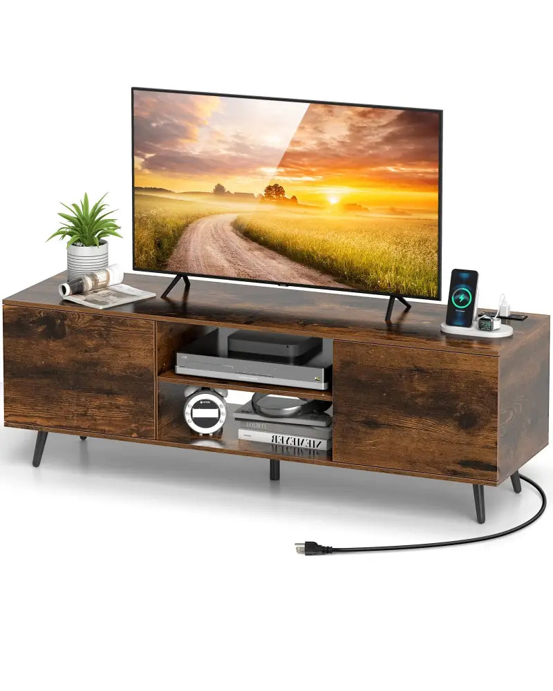 TV Stand with Power Outlets and Adjustable Shelf for 60 Inch TVs-Rustic Brown - Rustic Brown - Entertainment Centers &
