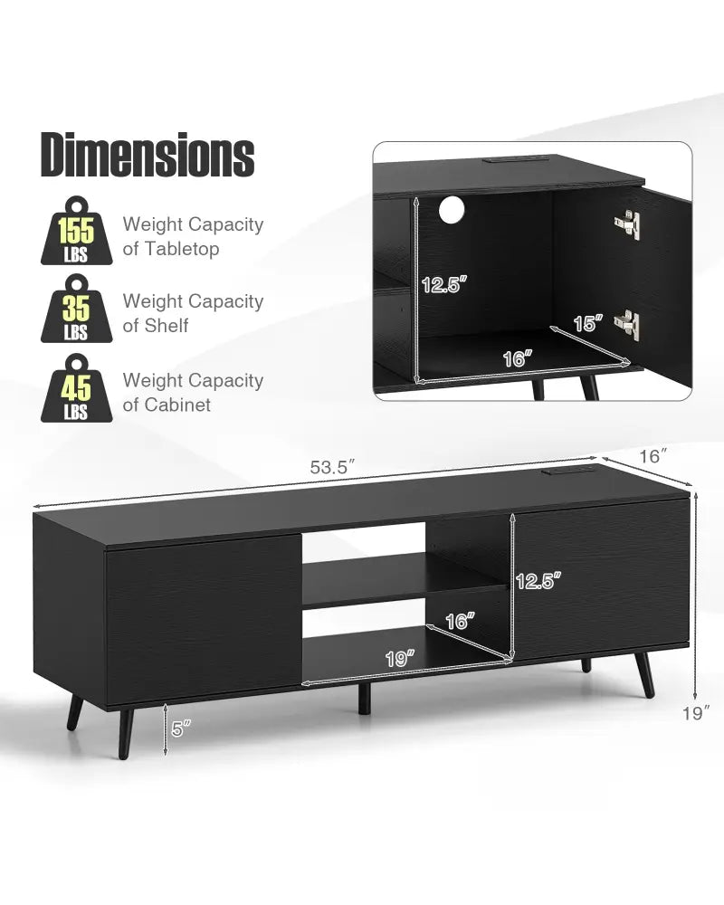 TV Stand with Power Outlets and Adjustable Shelf for 60 Inch TVs-Black - Black - Entertainment Centers & TV Stands