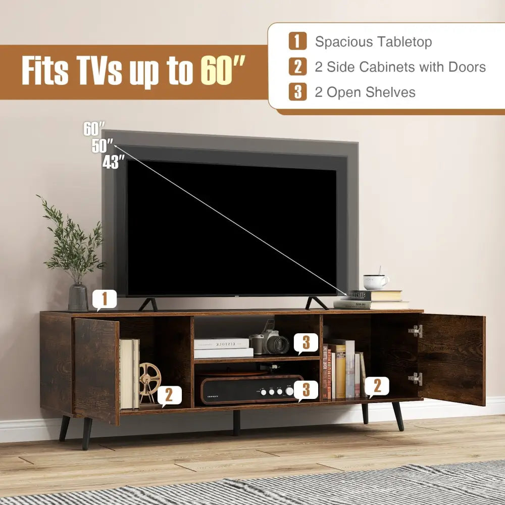 TV Stand with Power Outlets and Adjustable Shelf for 60 Inch TVs-Rustic Brown - Rustic Brown - Entertainment Centers &