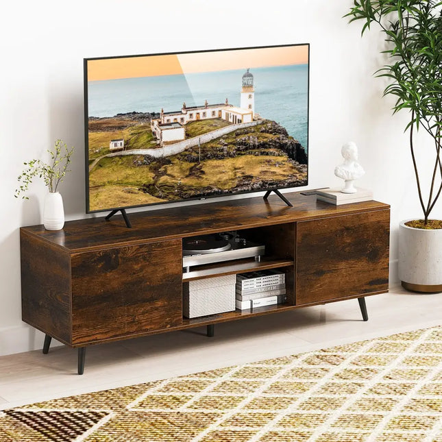 TV Stand with Power Outlets and Adjustable Shelf for 60 Inch TVs-Rustic Brown - Rustic Brown - Entertainment Centers &