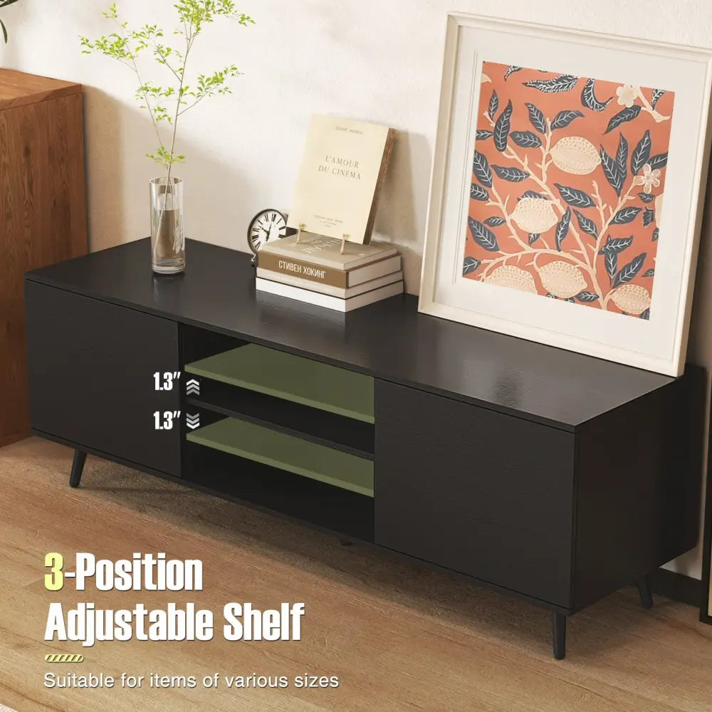TV Stand with Power Outlets and Adjustable Shelf for 60 Inch TVs-Black - Black - Entertainment Centers & TV Stands