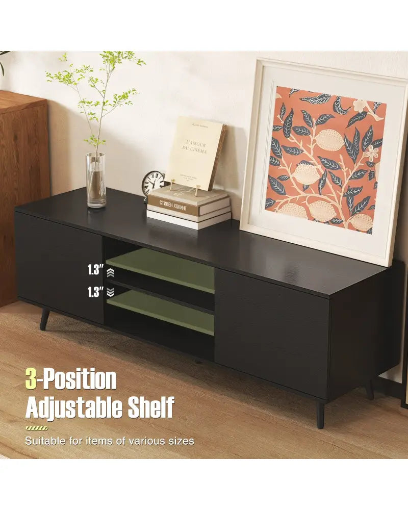 TV Stand with Power Outlets and Adjustable Shelf for 60 Inch TVs-Black - Black - Entertainment Centers & TV Stands