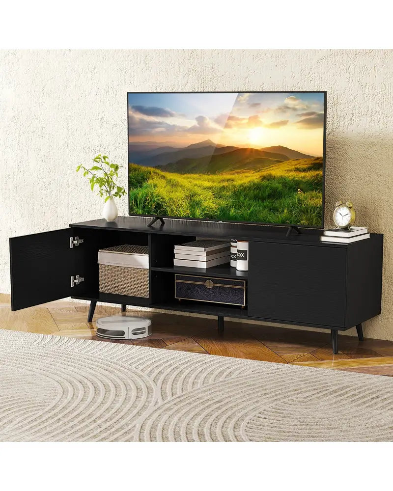 TV Stand with Power Outlets and Adjustable Shelf for 60 Inch TVs-Black - Black - Entertainment Centers & TV Stands