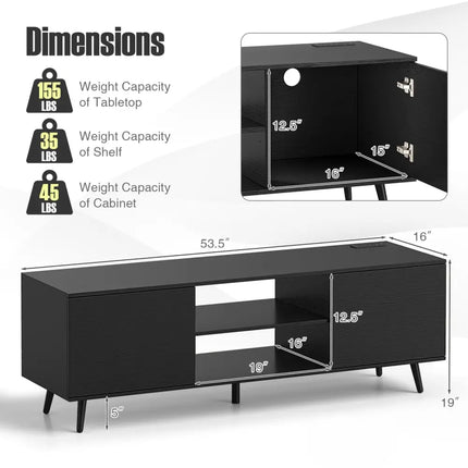 TV Stand with Power Outlets and Adjustable Shelf for 60 Inch TVs-Black - Black - Entertainment Centers & TV Stands