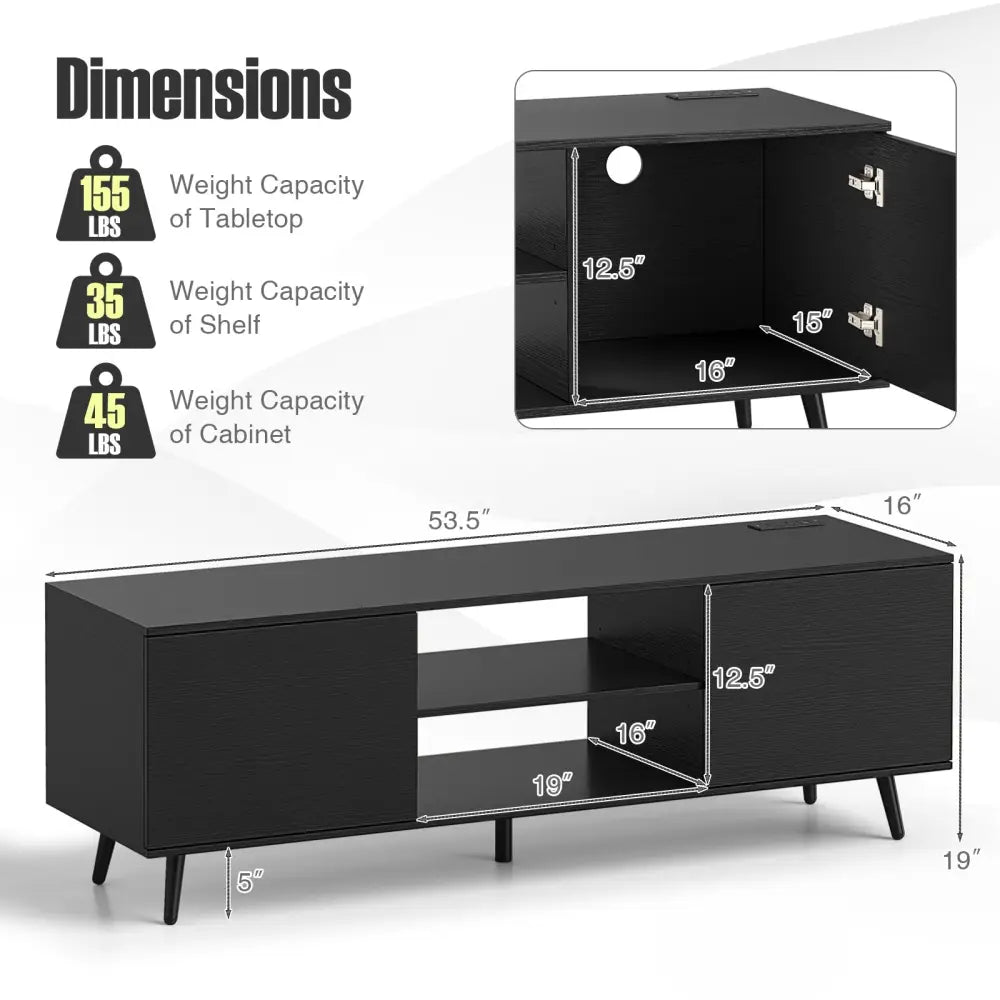 TV Stand with Power Outlets and Adjustable Shelf for 60 Inch TVs-Black - Black - Entertainment Centers & TV Stands