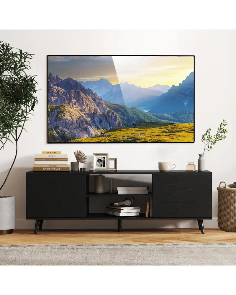 TV Stand with Power Outlets and Adjustable Shelf for 60 Inch TVs-Black - Black - Entertainment Centers & TV Stands