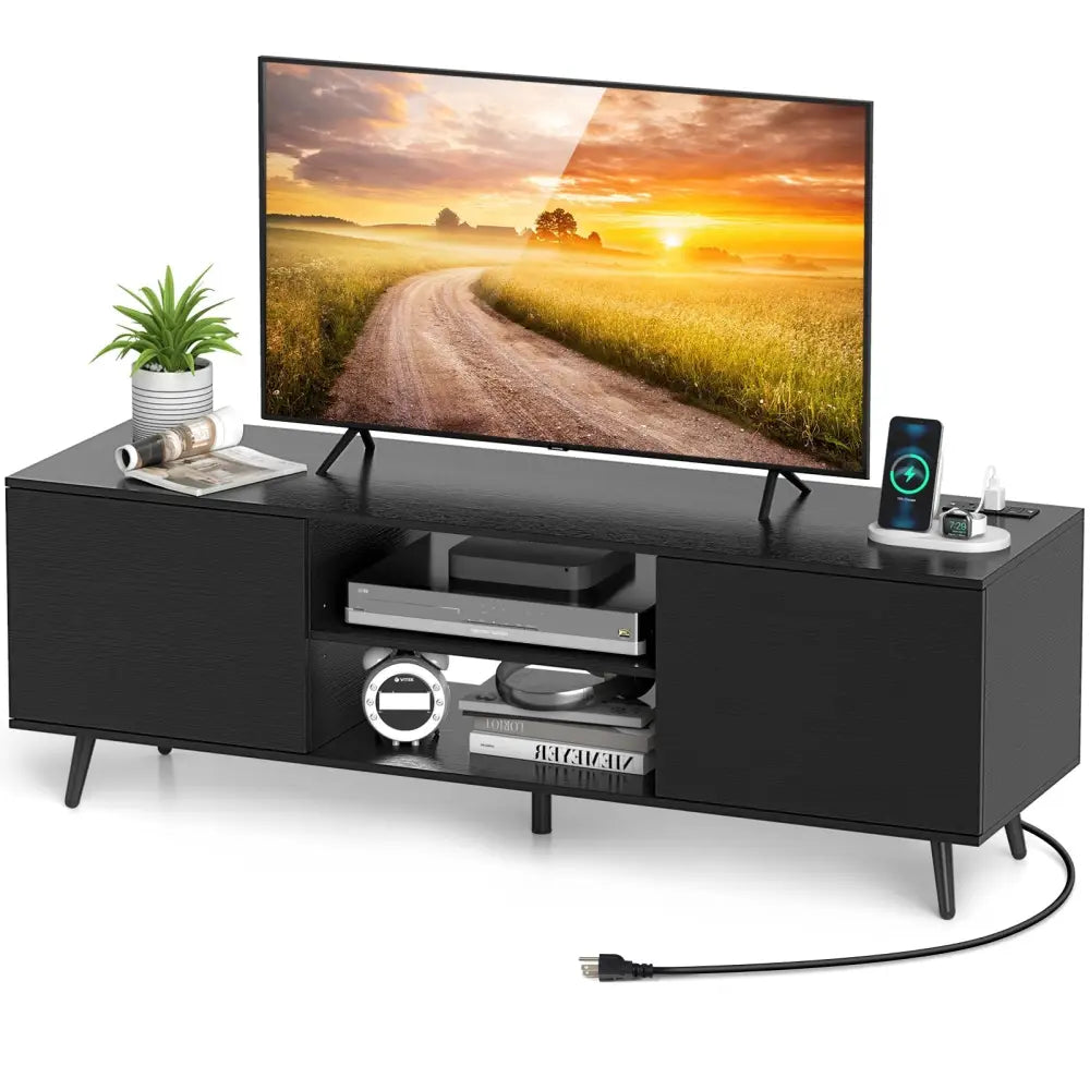 TV Stand with Power Outlets and Adjustable Shelf for 60 Inch TVs-Black - Black - Entertainment Centers & TV Stands