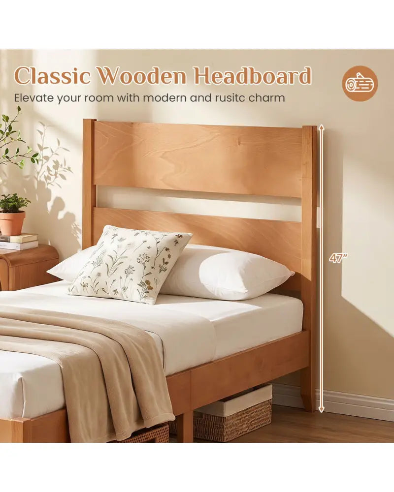 Twin Bed Frame with Headboard with Solid Wood Legs 12 Slats-Warm Brown - Brown - Beds & Bed Frames