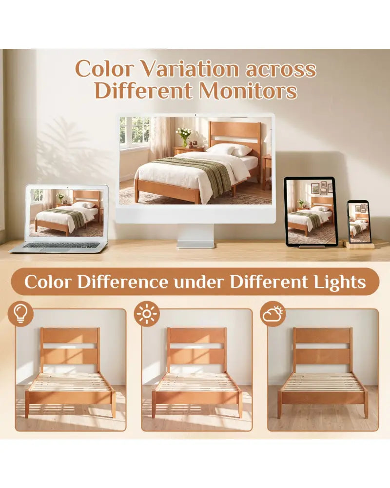 Twin Bed Frame with Headboard with Solid Wood Legs 12 Slats-Warm Brown - Brown - Beds & Bed Frames