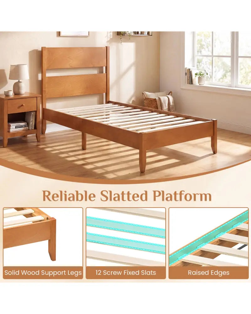 Twin Bed Frame with Headboard with Solid Wood Legs 12 Slats-Warm Brown - Brown - Beds & Bed Frames